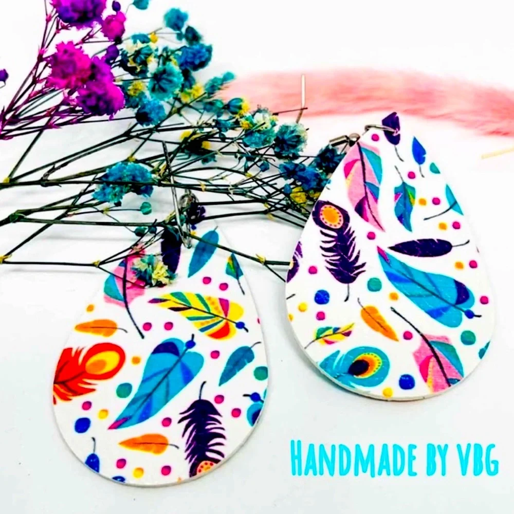 New Handmade S925 Sterling Silver Leather Rainbow Feather Dangle Earrings